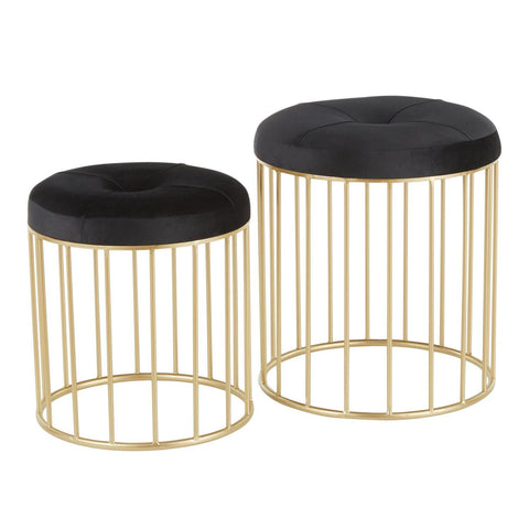Lumisource Canary Contemporary Nesting Ottoman Set in Gold Metal and Black Velvet