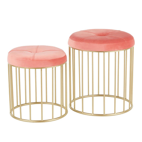 Lumisource Canary Contemporary Nesting Ottoman Set in Gold Metal and Pink Velvet