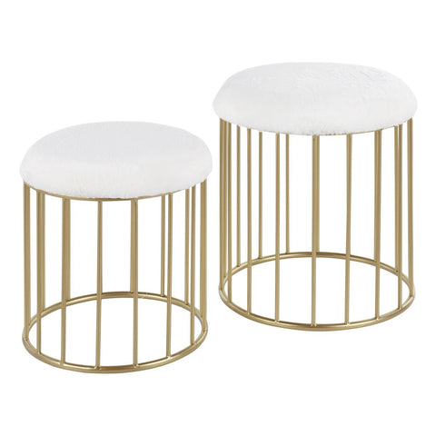 Lumisource Canary Contemporary Nesting Ottoman Set in Gold Metal and White Plush Fabric