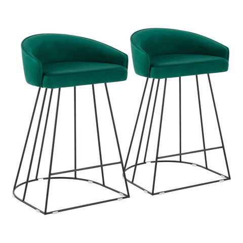Lumisource Canary Upholstered Fixed-Height Counter Stool in Black Steel and Green Velvet - Set of 2