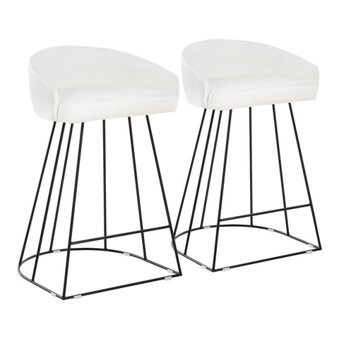 Lumisource Canary Upholstered Fixed-Height Counter Stool in Black Steel and White Velvet - Set of 2