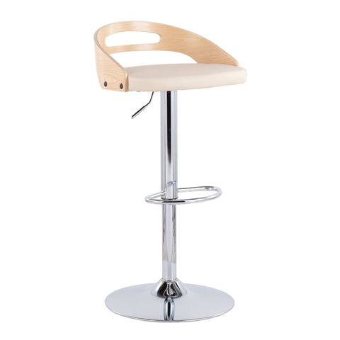 Lumisource Cassis Mid-Century Modern Adjustable Barstool with Swivel in Natural Wood and Cream Faux Leather