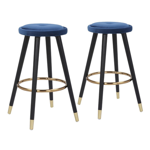 Lumisource Cavalier Glam Counter Stool in Black Wood and Blue Velvet with Gold Accent - Set of 2