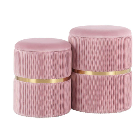 Lumisource Cinch Contemporary/Glam Nesting Ottoman Set in Gold Steel and Blush Pink Velvet