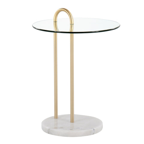 Lumisource Claire Contemporary/Glam Side Table in White Marble and Gold Steel with Clear Glass Top