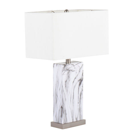 Lumisource Cory Contemporary Table Lamp in White Marble and Stainless Steel with White Linen Shade