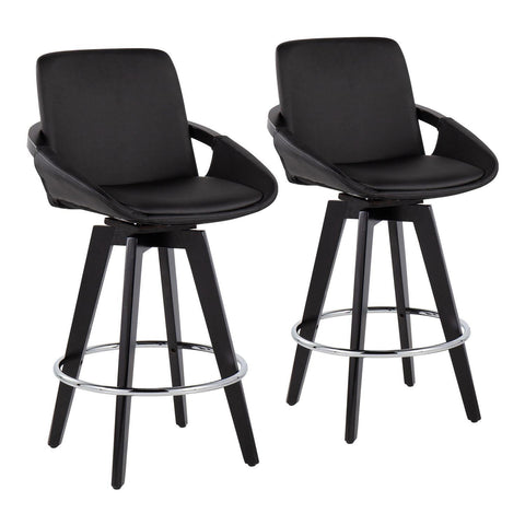Lumisource Cosmo Contemporary Fixed-Height Counter Stool with Swivel in Black Wood with Round Chrome Metal Footrest and Black Faux Leather Seat - Set of 2
