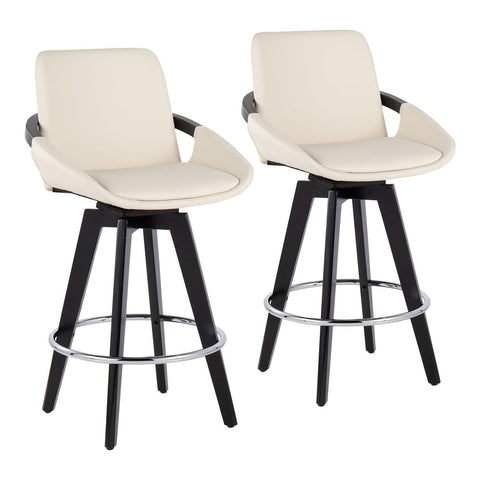 Lumisource Cosmo Contemporary Fixed-Height Counter Stool with Swivel in Black Wood with Round Chrome Metal Footrest and Cream Faux Leather Seat - Set of 2
