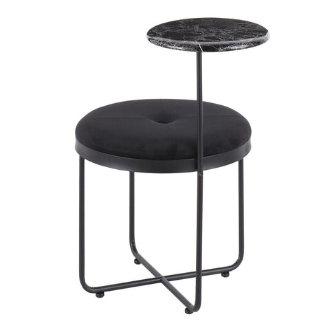 Lumisource Cosmo Contemporary Ottoman with Side Table in Black Metal, Black Velvet and Black Marble