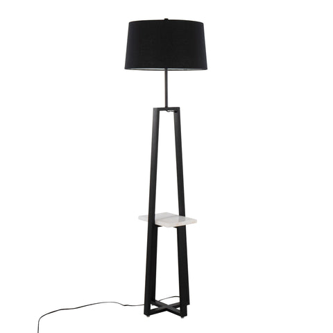 Lumisource Cosmo Shelf Contemporary/Glam Floor Lamp in White Marble and Black Metal with Black Linen Shade