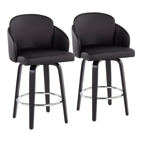 Lumisource Dahlia Contemporary Counter Stool in Black Wood and Black Faux Leather with Round Chrome Footrest - Set of 2