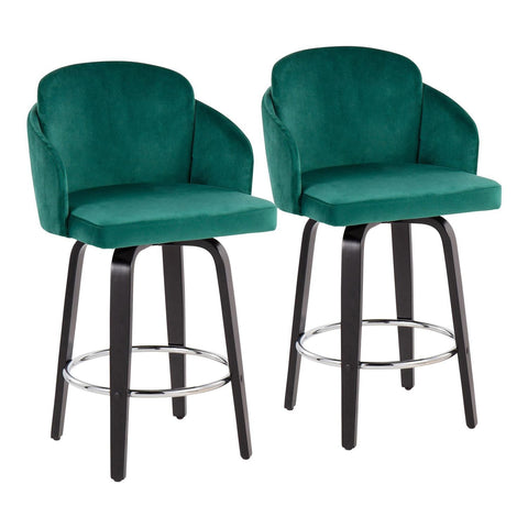 Lumisource Dahlia Contemporary Counter Stool in Black Wood and Green Velvet with Gold Metal Accent and Round Chrome Footrest - Set of 2