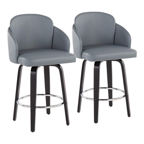 Lumisource Dahlia Contemporary Counter Stool in Black Wood and Grey Faux Leather with Round Chrome Footrest - Set of 2