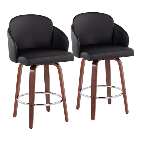 Lumisource Dahlia Contemporary Counter Stool in Walnut Wood and Black Faux Leather with Round Chrome Footrest - Set of 2