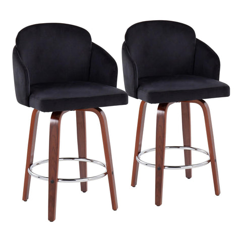 Lumisource Dahlia Contemporary Counter Stool in Walnut Wood and Black Velvet with Gold Metal Accent and Round Chrome Footrest - Set of 2