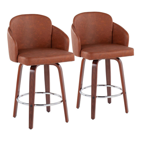 Lumisource Dahlia Contemporary Counter Stool in Walnut Wood and Camel Faux Leather with Round Chrome Footrest - Set of 2