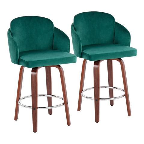 Lumisource Dahlia Contemporary Counter Stool in Walnut Wood and Green Velvet with Gold Metal Accent and Round Chrome Footrest - Set of 2