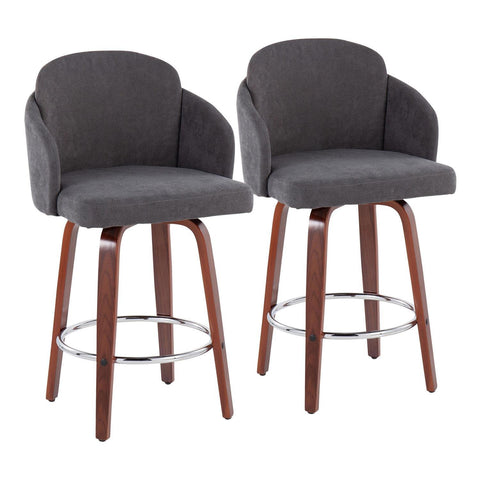 Lumisource Dahlia Contemporary Counter Stool in Walnut Wood and Grey Fabric with Round Chrome Footrest - Set of 2