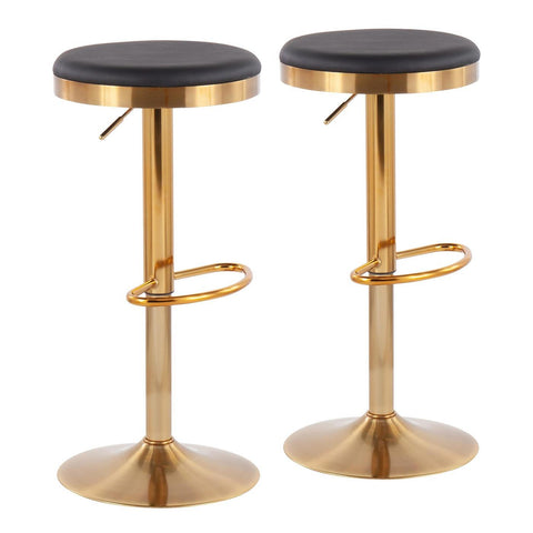 Lumisource Dakota Contemporary Upholstered Adjustable Barstool in Gold Steel and Black Faux Leather - Set of 2