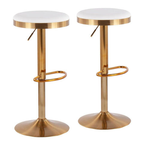 Lumisource Dakota Contemporary Upholstered Adjustable Barstool in Gold Steel and White Faux Leather - Set of 2