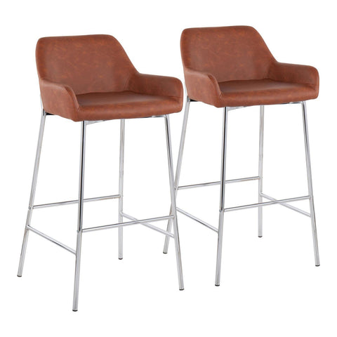 Lumisource Daniella Contemporary Fixed-Height Bar Stool in Chrome Metal and Camel Faux Leather - Set of 2