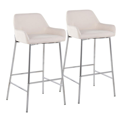 Lumisource Daniella Contemporary Fixed-Height Bar Stool in Chrome Metal and Cream Fabric - Set of 2