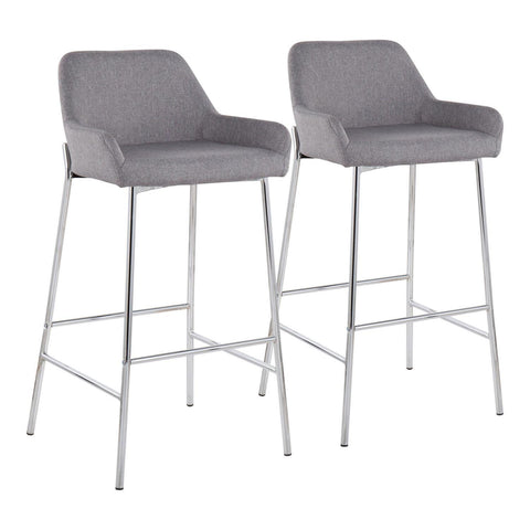 Lumisource Daniella Contemporary Fixed-Height Bar Stool in Chrome Metal and Grey Fabric - Set of 2