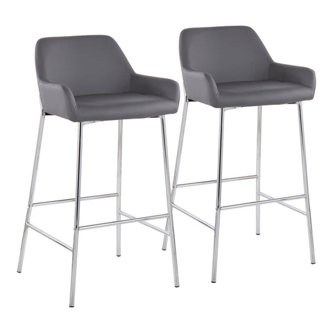 Lumisource Daniella Contemporary Fixed-Height Bar Stool in Chrome Metal and Grey Faux Leather - Set of 2