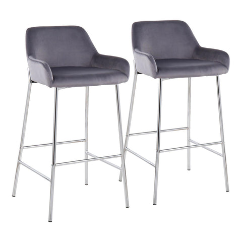 Lumisource Daniella Contemporary Fixed-Height Bar Stool in Chrome Metal and Silver Velvet - Set of 2