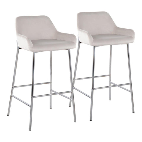 Lumisource Daniella Contemporary Fixed-Height Bar Stool in Chrome Metal and White Velvet - Set of 2