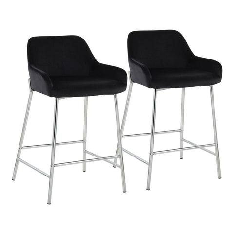 Lumisource Daniella Contemporary Fixed-Height Counter Stool in Chrome Metal and Black Velvet - Set of 2