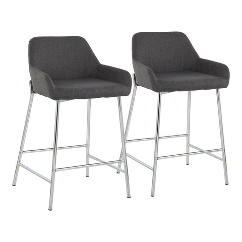 Lumisource Daniella Contemporary Fixed-Height Counter Stool in Chrome Metal and Charcoal Fabric - Set of 2