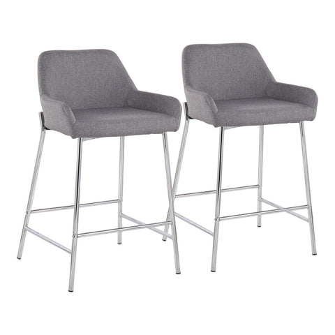Lumisource Daniella Contemporary Fixed-Height Counter Stool in Chrome Metal and Grey Fabric - Set of 2