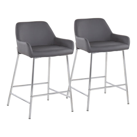Lumisource Daniella Contemporary Fixed-Height Counter Stool in Chrome Metal and Grey Faux Leather - Set of 2
