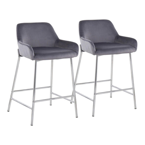 Lumisource Daniella Contemporary Fixed-Height Counter Stool in Chrome Metal and Silver Velvet - Set of 2