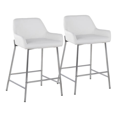 Lumisource Daniella Contemporary Fixed-Height Counter Stool in Chrome Metal and White Faux Leather - Set of 2