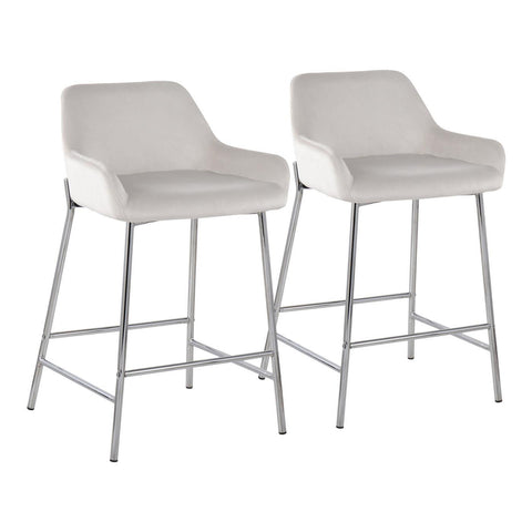Lumisource Daniella Contemporary Fixed-Height Counter Stool in Chrome Metal and White Velvet - Set of 2