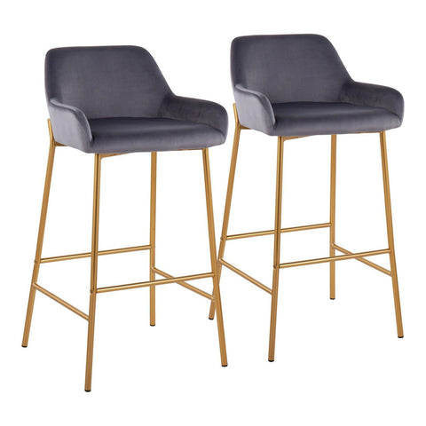 Lumisource Daniella Contemporary/Glam Fixed-Height Bar Stool in Gold Metal and Silver Velvet - Set of 2