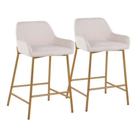 Lumisource Daniella Contemporary/Glam Fixed-Height Counter Stool in Gold Metal and Cream Fabric - Set of 2