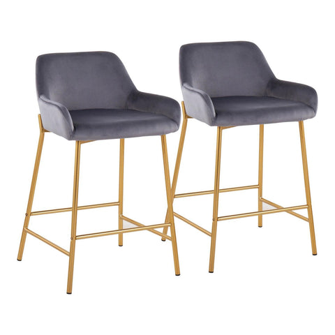 Lumisource Daniella Contemporary/Glam Fixed-Height Counter Stool in Gold Metal and Silver Velvet - Set of 2