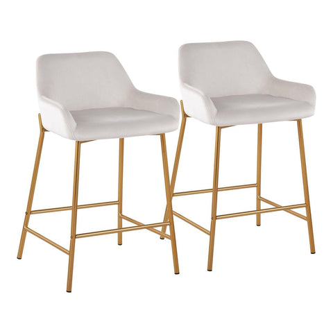 Lumisource Daniella Contemporary/Glam Fixed-Height Counter Stool in Gold Metal and White Velvet - Set of 2