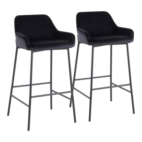 Lumisource Daniella Industrial Fixed-Height Bar Stool in Black Metal and Black Velvet - Set of 2