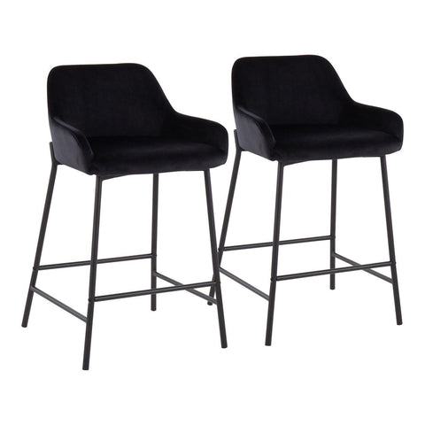 Lumisource Daniella Industrial Fixed-Height Counter Stool in Black Metal and Black Velvet - Set of 2