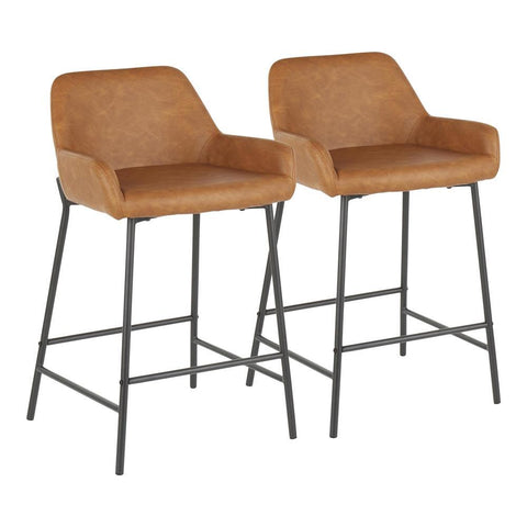 Lumisource Daniella Industrial Fixed-Height Counter Stool in Black Metal and Camel Faux Leather - Set of 2