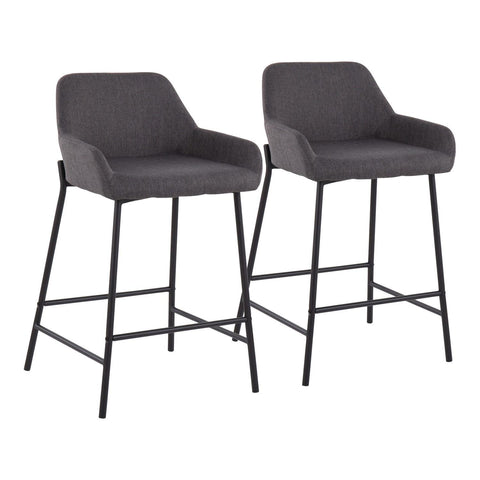 Lumisource Daniella Industrial Fixed-Height Counter Stool in Black Metal and Charcoal Fabric - Set of 2