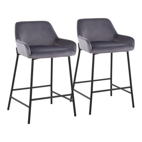 Lumisource Daniella Industrial Fixed-Height Counter Stool in Black Metal and Silver Velvet - Set of 2