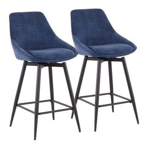 Lumisource Diana Contemporary Counter Stool in Black Steel and Blue Corduroy - Set of 2