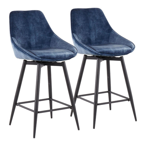 Lumisource Diana Contemporary Counter Stool in Black Steel and Blue Velvet - Set of 2