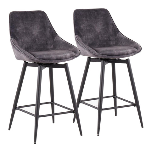 Lumisource Diana Contemporary Counter Stool in Black Steel and Grey Velvet - Set of 2