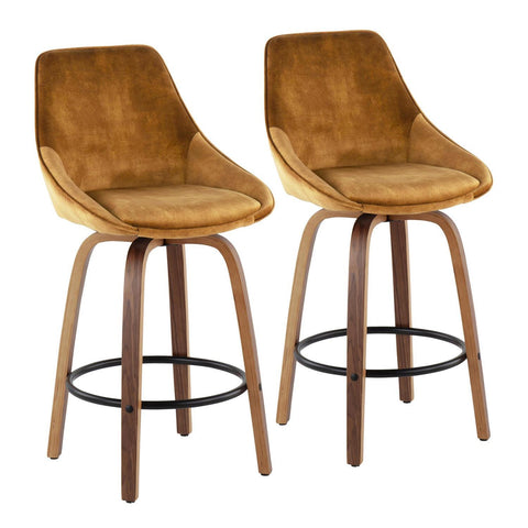 Lumisource Diana Contemporary Counter Stool in Walnut Wood and Golden Yellow Velvet with Black Round Footrest - Set of 2